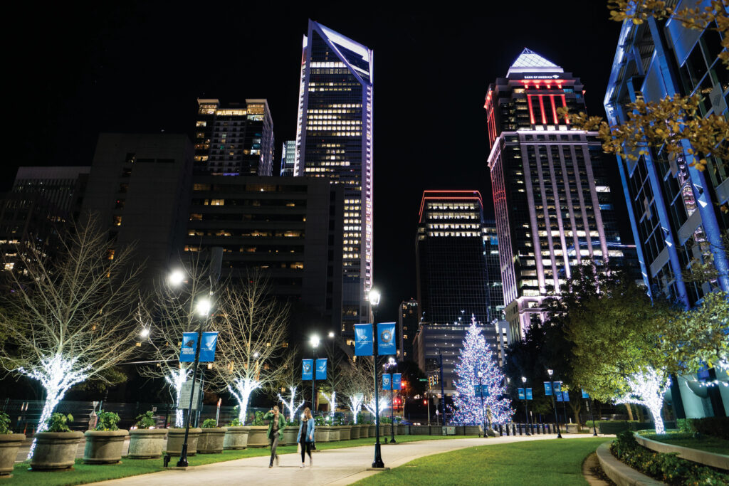 Holiday decorations light up Romare Bearden Park in downtown Charlotte, North Carolina