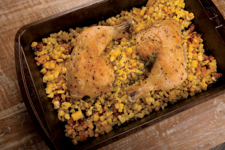 Fresh corn in roasted chicken drippings