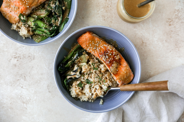 Roasted Salmon, Bok Choy and Brown Rice Bowls