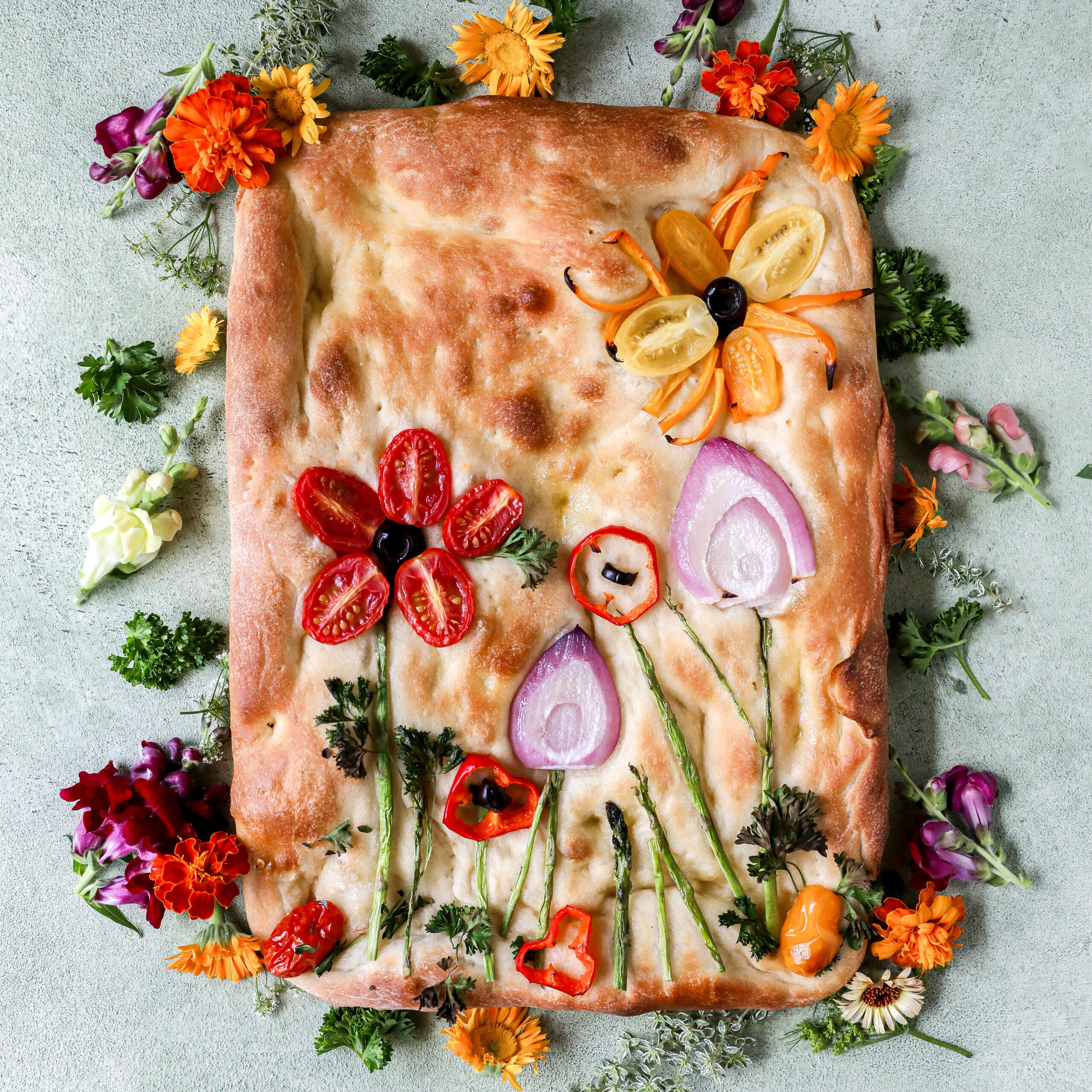 Focaccia Garden Bread; Spring Holiday recipes