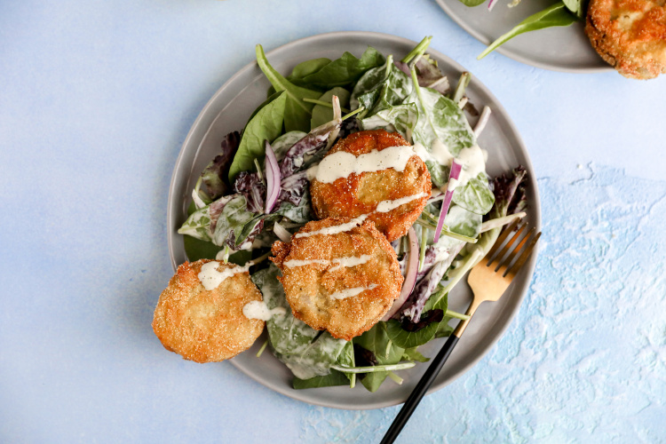 tomato recipes, Fried Green Tomato Salad with Homemade Buttermilk Dressing