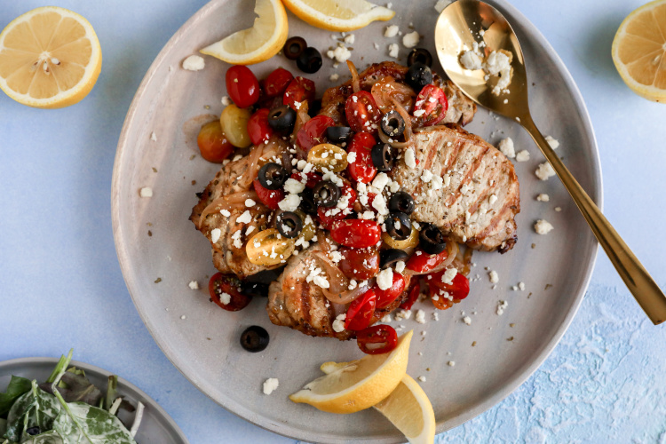 tomato recipes, Grilled Pork Chops with Caramelized Onions, Cherry Tomatoes and Feta