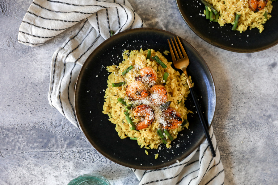 Lemony Orzo with Grilled Shrimp and Asparagus