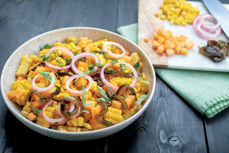 Vivian Howard's Raw Corn and Cantaloupe Salad with Red Onion and Roasted Poblano Recipe