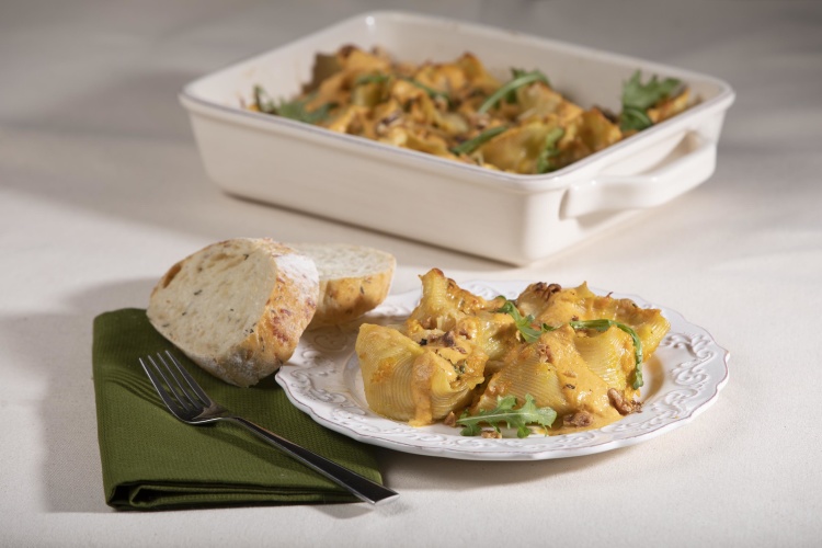 Pumpkin-Stuffed Shells with Toasted Walnuts and Arugula
