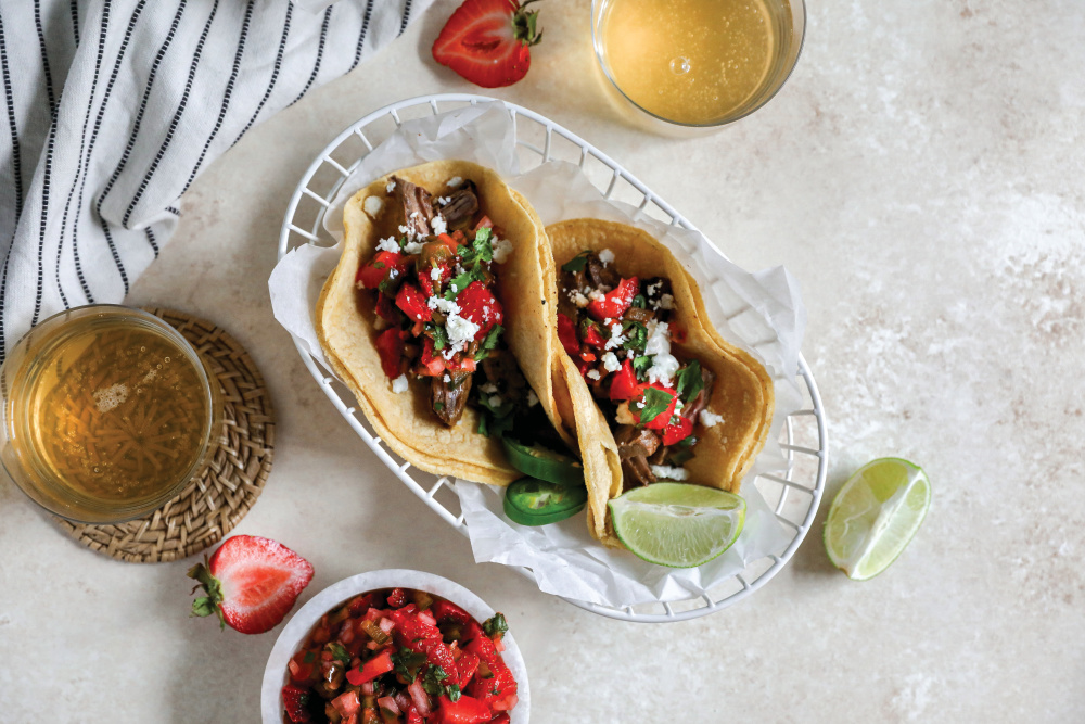 Carne Asada Tacos with Strawberry Jalapeno Salsa
