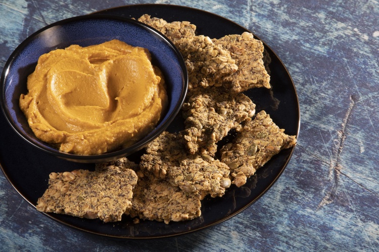 Peanut pumpkin hummus with homemade peanut crackers