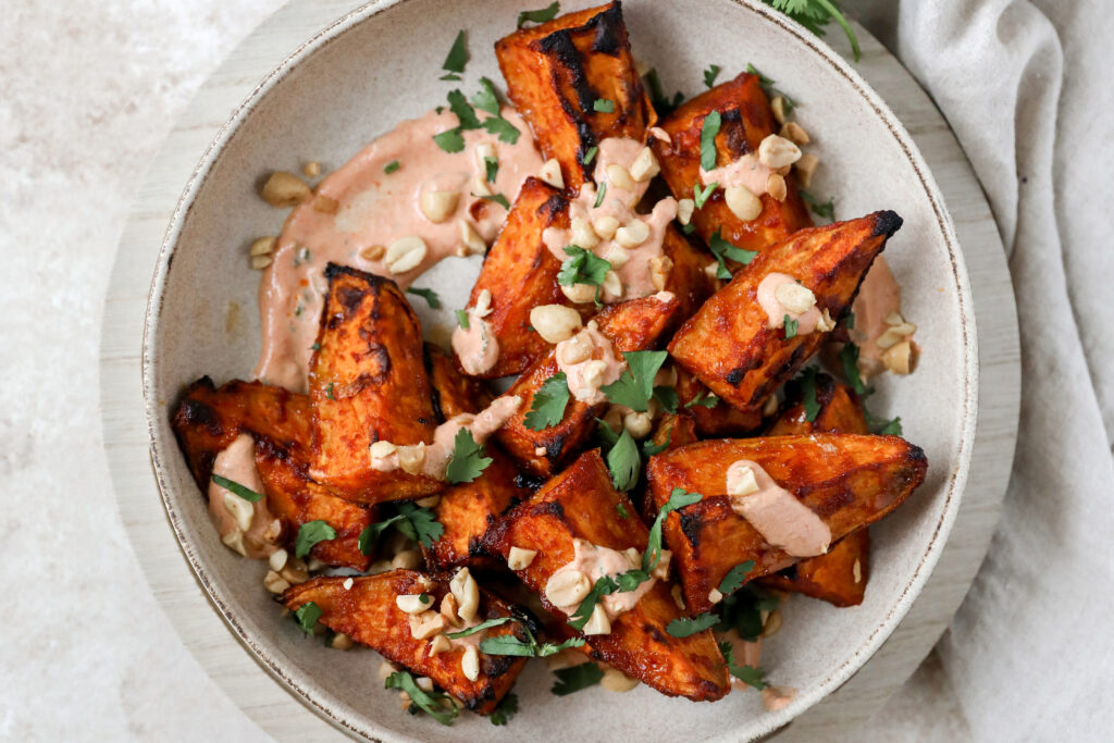 Red Thai Roasted Sweet Potatoes with Cilantro and Peanuts