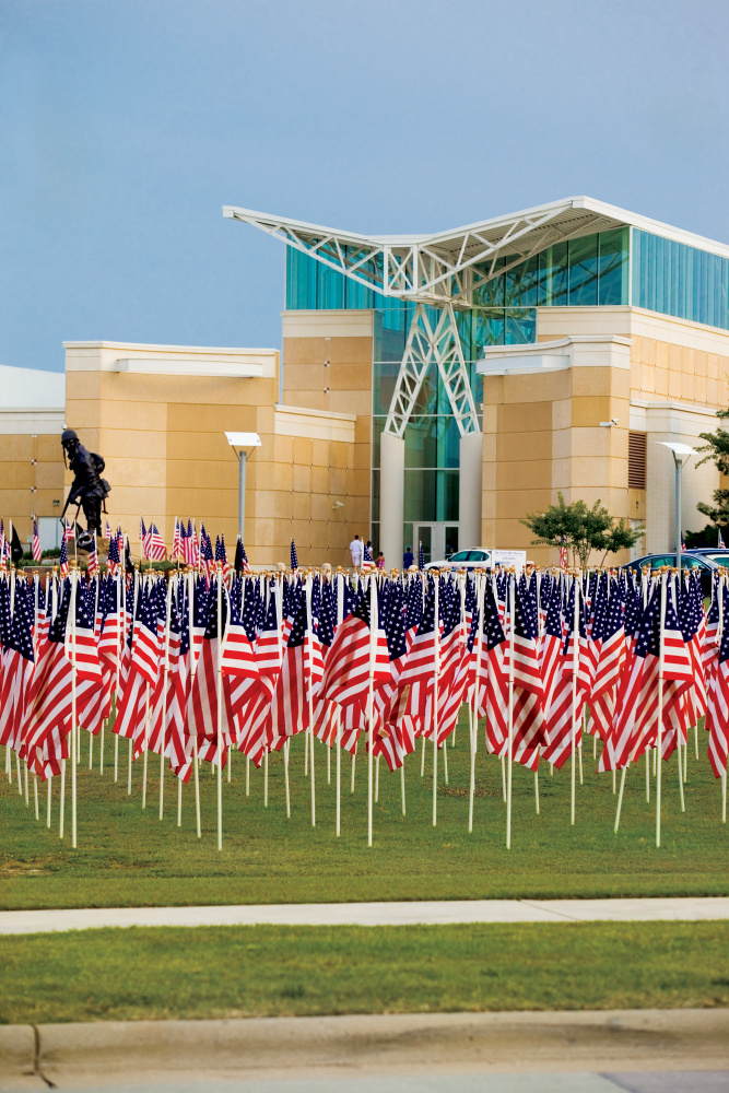 American flags decorate the lawn in front of the Airborne & Special Operations Museum in Fayetteville, North Carolina.
