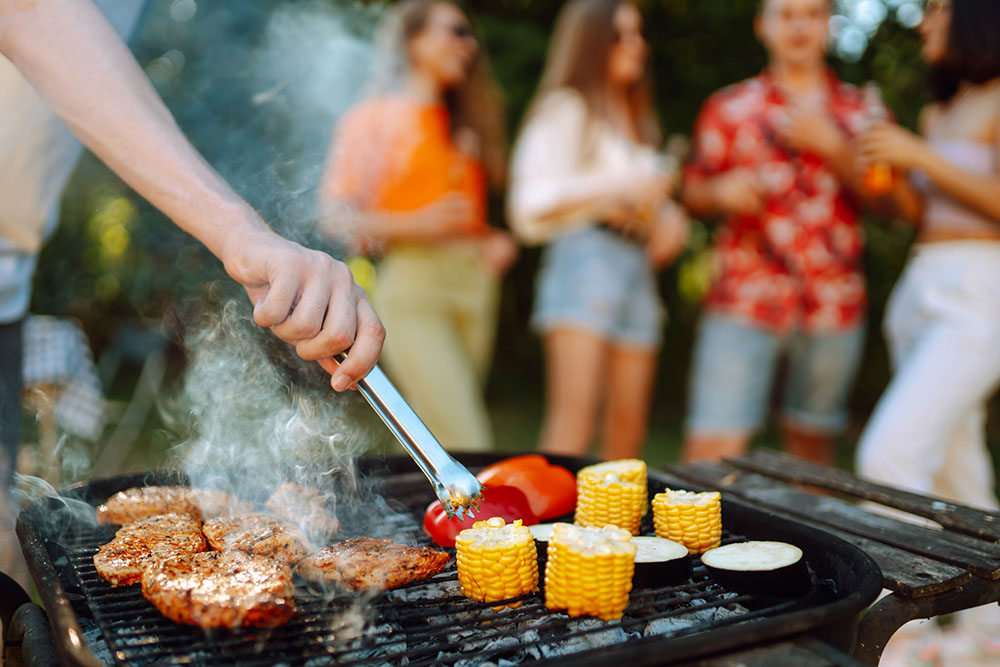 Assorted delicious grilled meat with barbecue grilled vegetables.