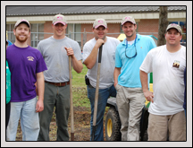 Jones County Young Farmers & Ranchers (from left) Candice Eller, Jacob Morgan, Darrin Lee, Justin Banks, James Lee, Trent Scott and Rebecca Scott spread mulch and made beds for the environmental center at Pollocksville Elementary School.
